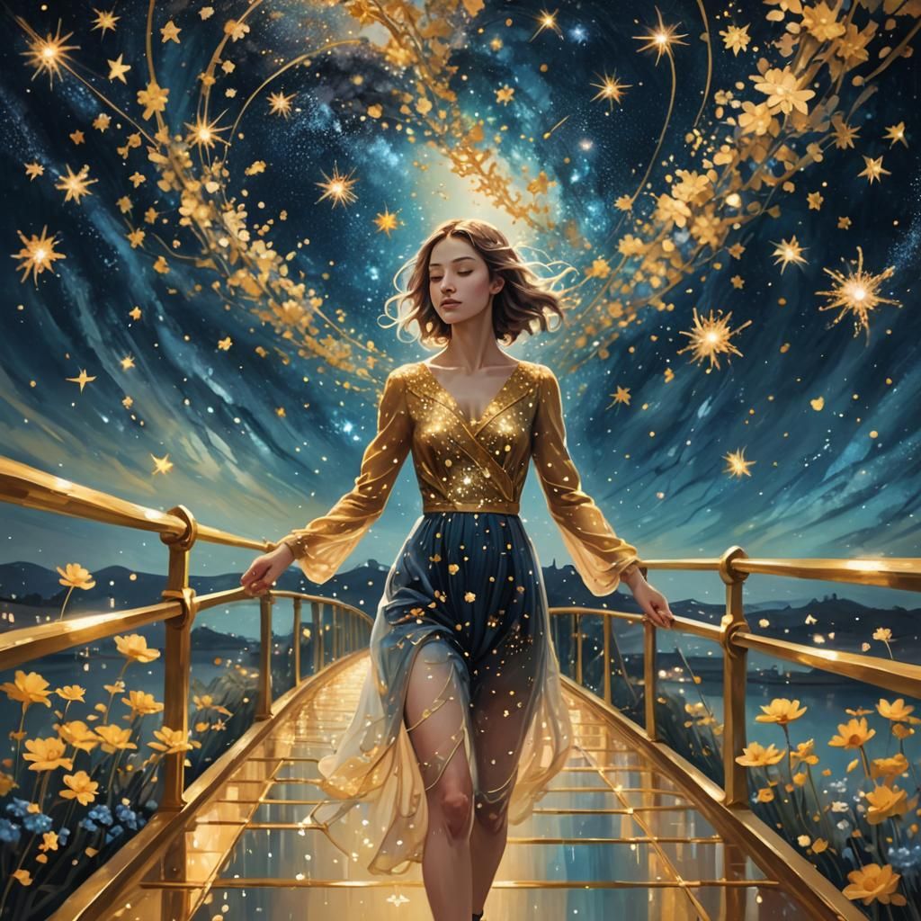 Girl Plucking Cosmic Flowers on Milky Way Bridge