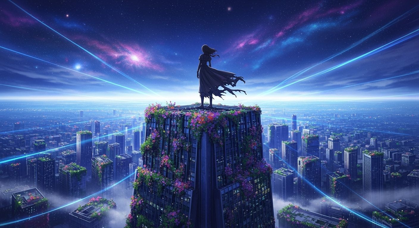 Alien Flora Reclaims Skyscraper Under Nebula Sky