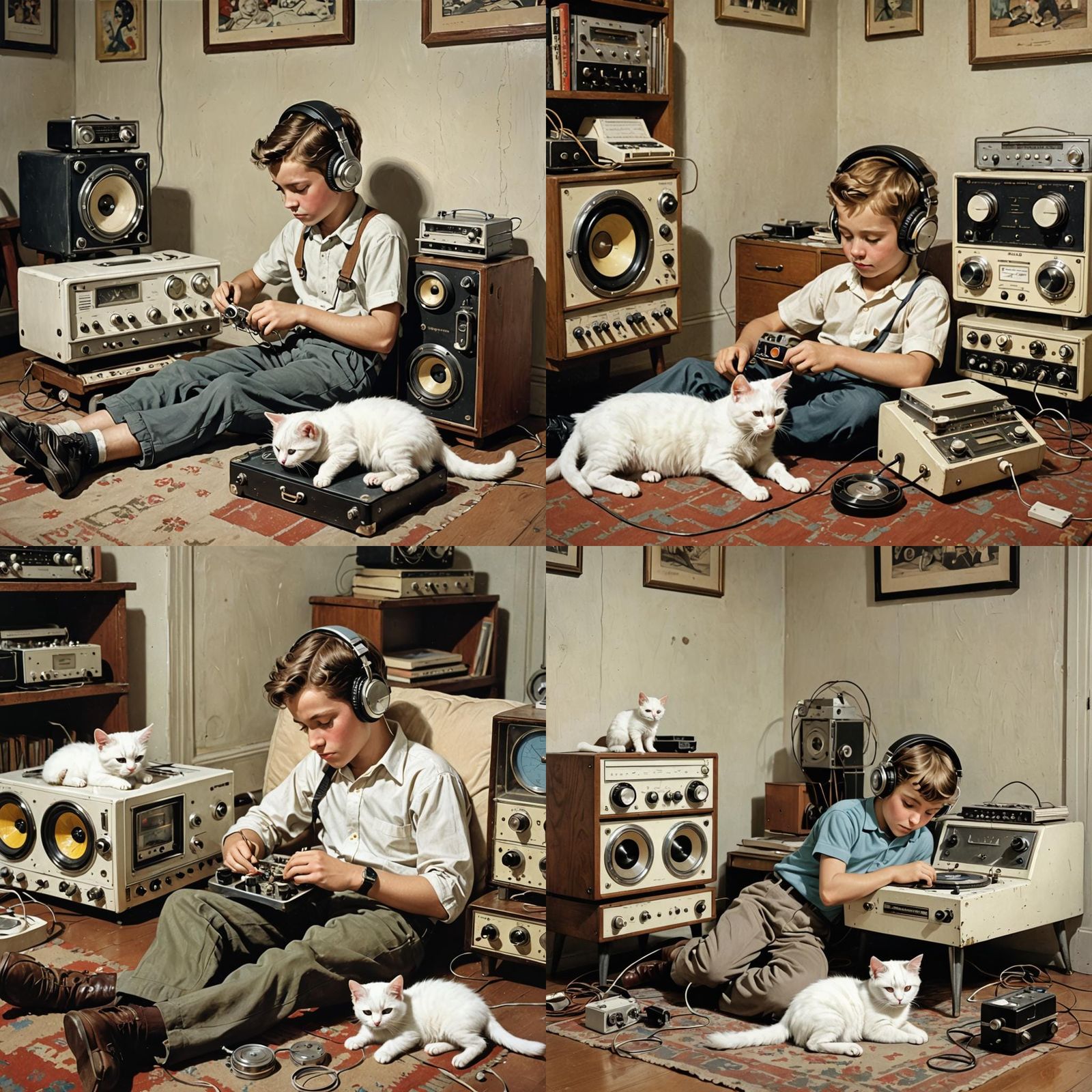 Boy and Kitten Enjoying Music in Anime Style