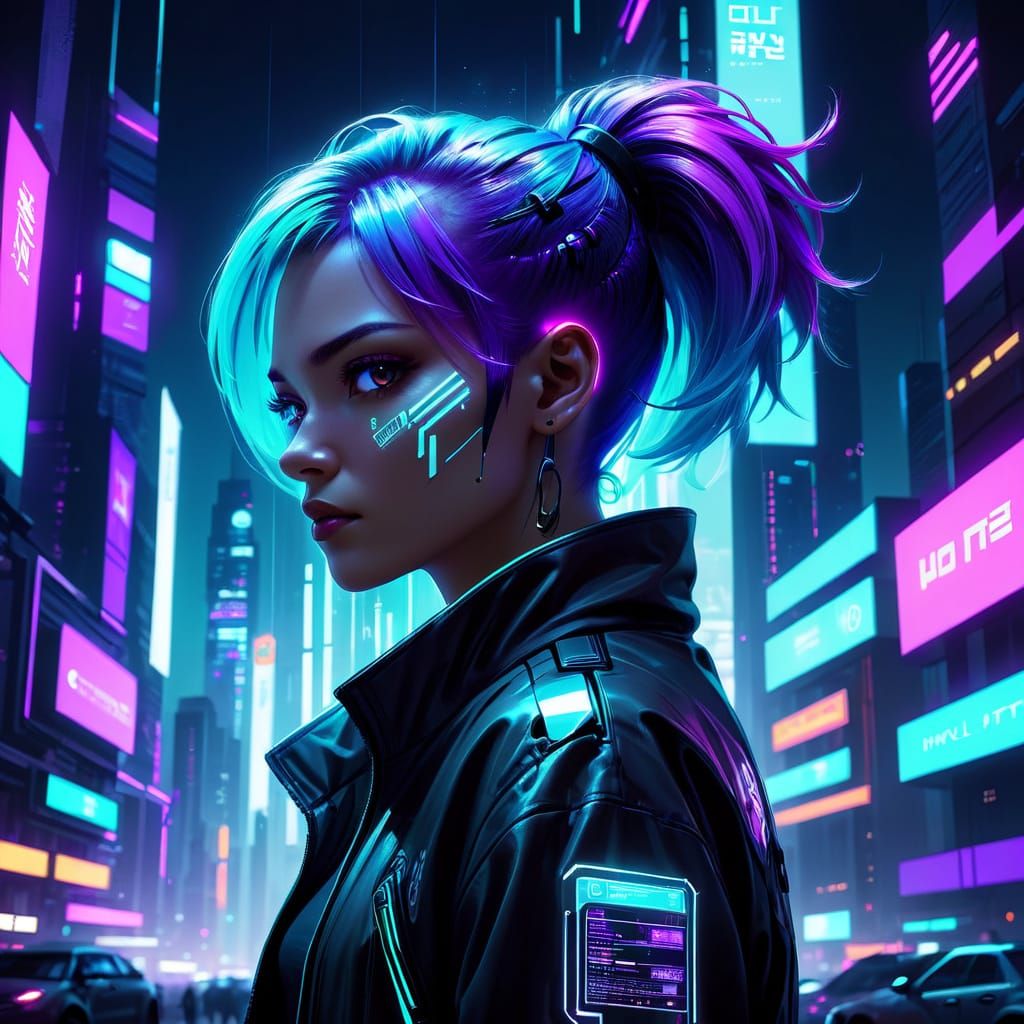 Neon-Lit Hacker in Futuristic Cityscape