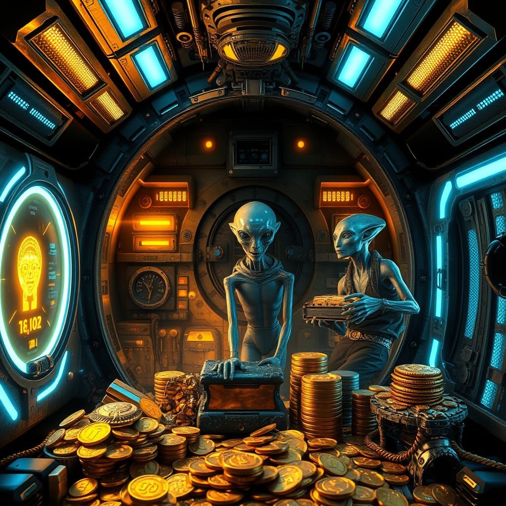 High-Tech Vault with Alien Treasures in Cyberpunk Style