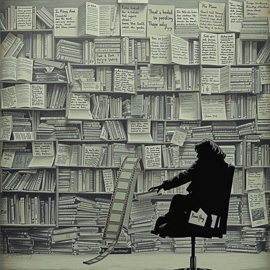 Contemplative Woman in Noir Library with Scattered Books