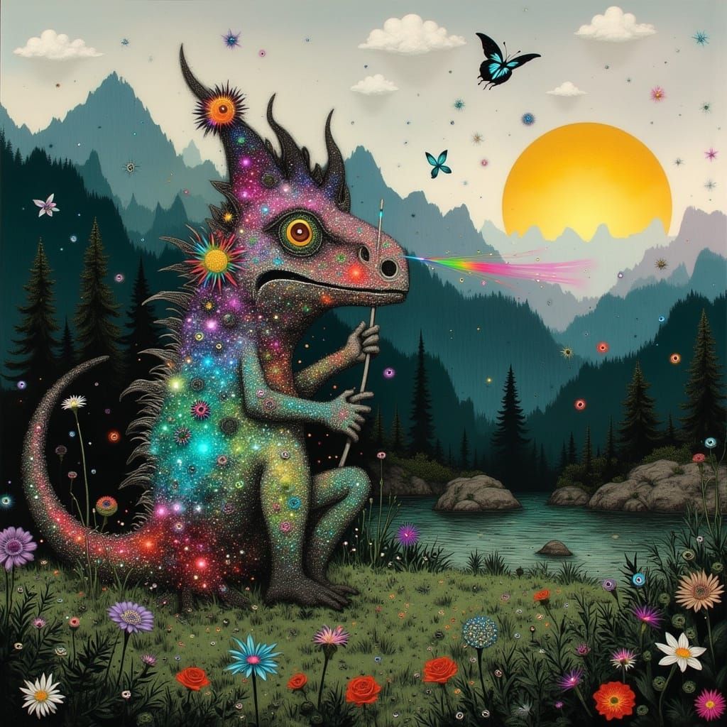 Iridescent Gemstone Paradise with Crystal Dinosaur