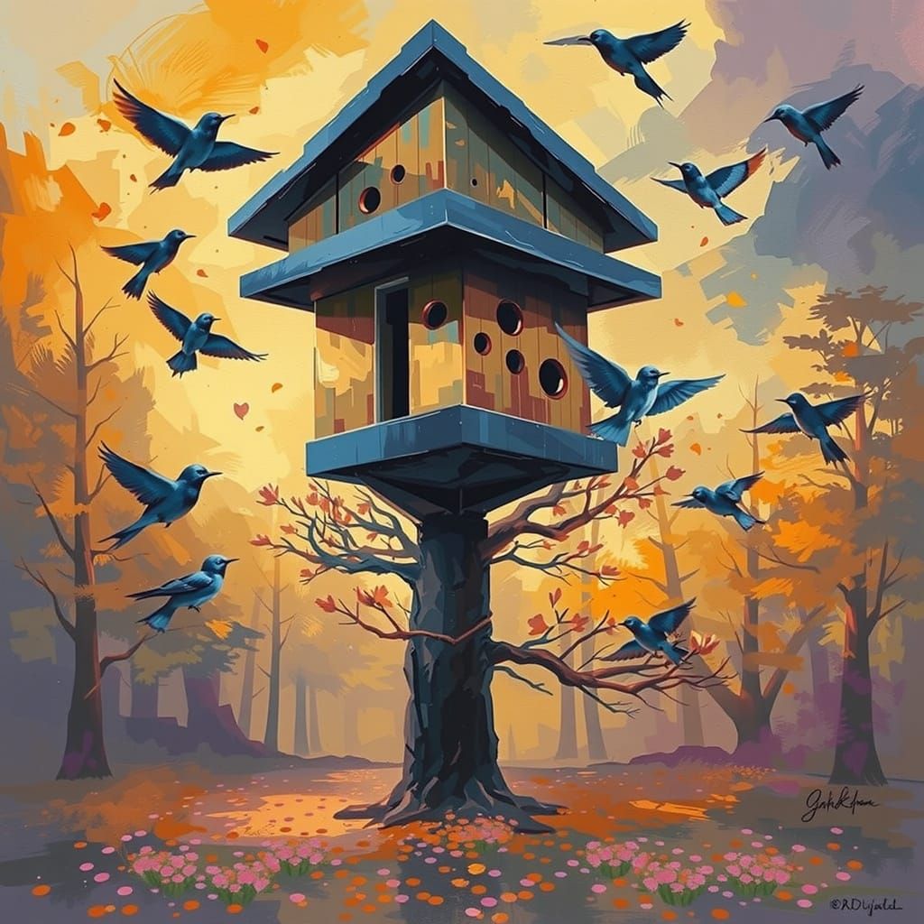 Futuristic Birdhouse in Floral Forest, Gouache Watercolor