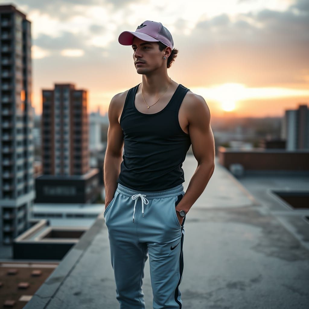 Man on Rooftop at Sunrise: Photorealistic Style