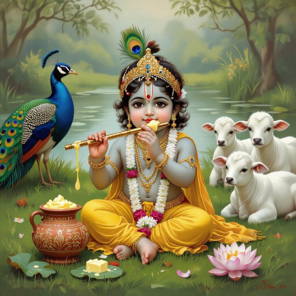 Baby Krishna with Flute in Traditional Indian Art Style