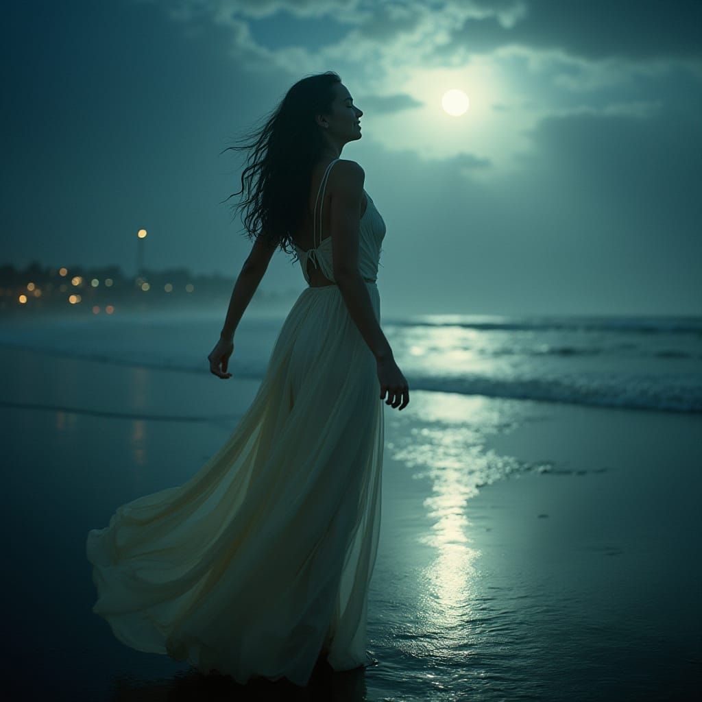 Waterwoman Dancing in Rain on Moonlit Beach