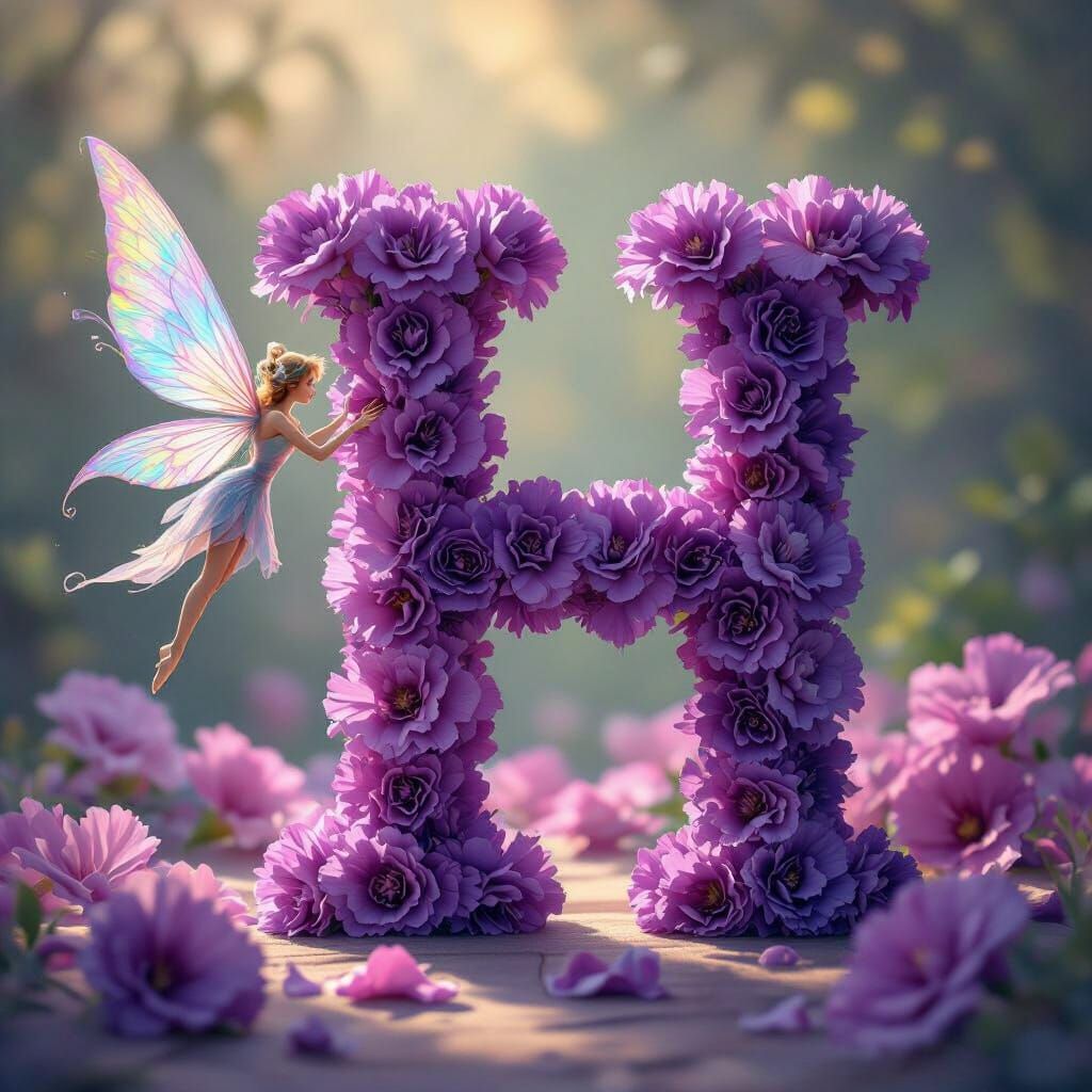 Purple Carnation 'H' with Fairy in Whimsical Illustration St...