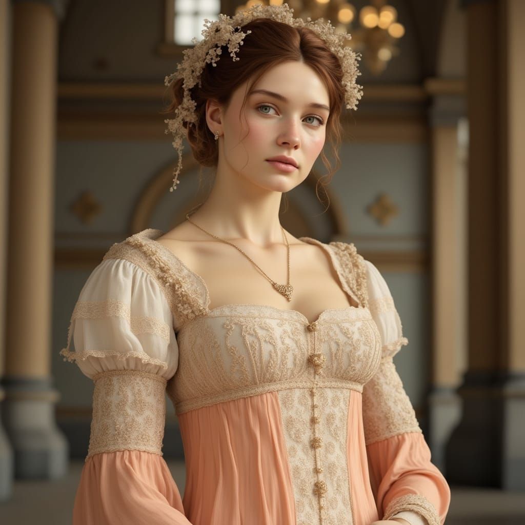 Regency Era Woman in Ballroom with Silk Gown