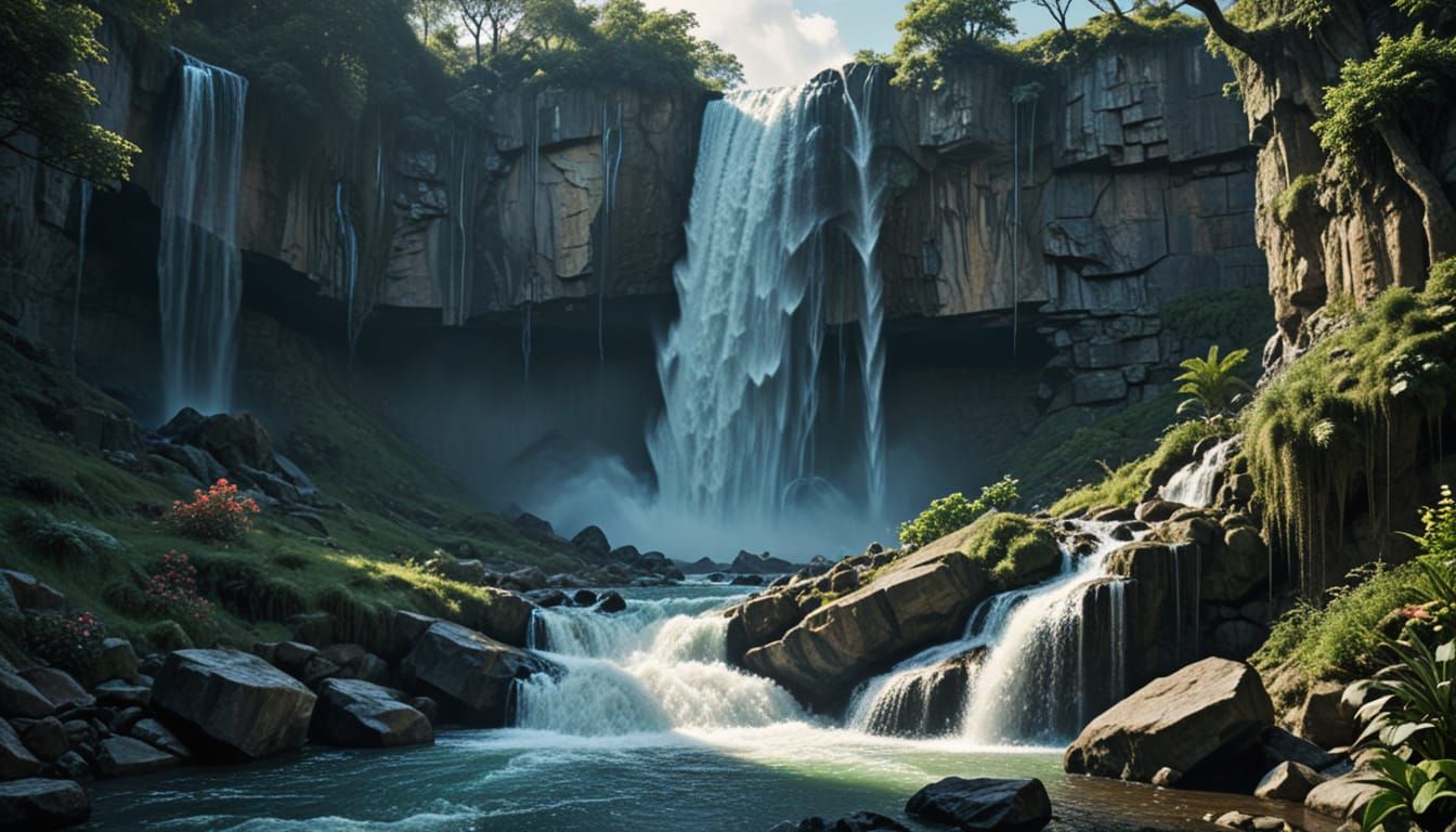 Surreal Landscape of an Elevated Waterfall