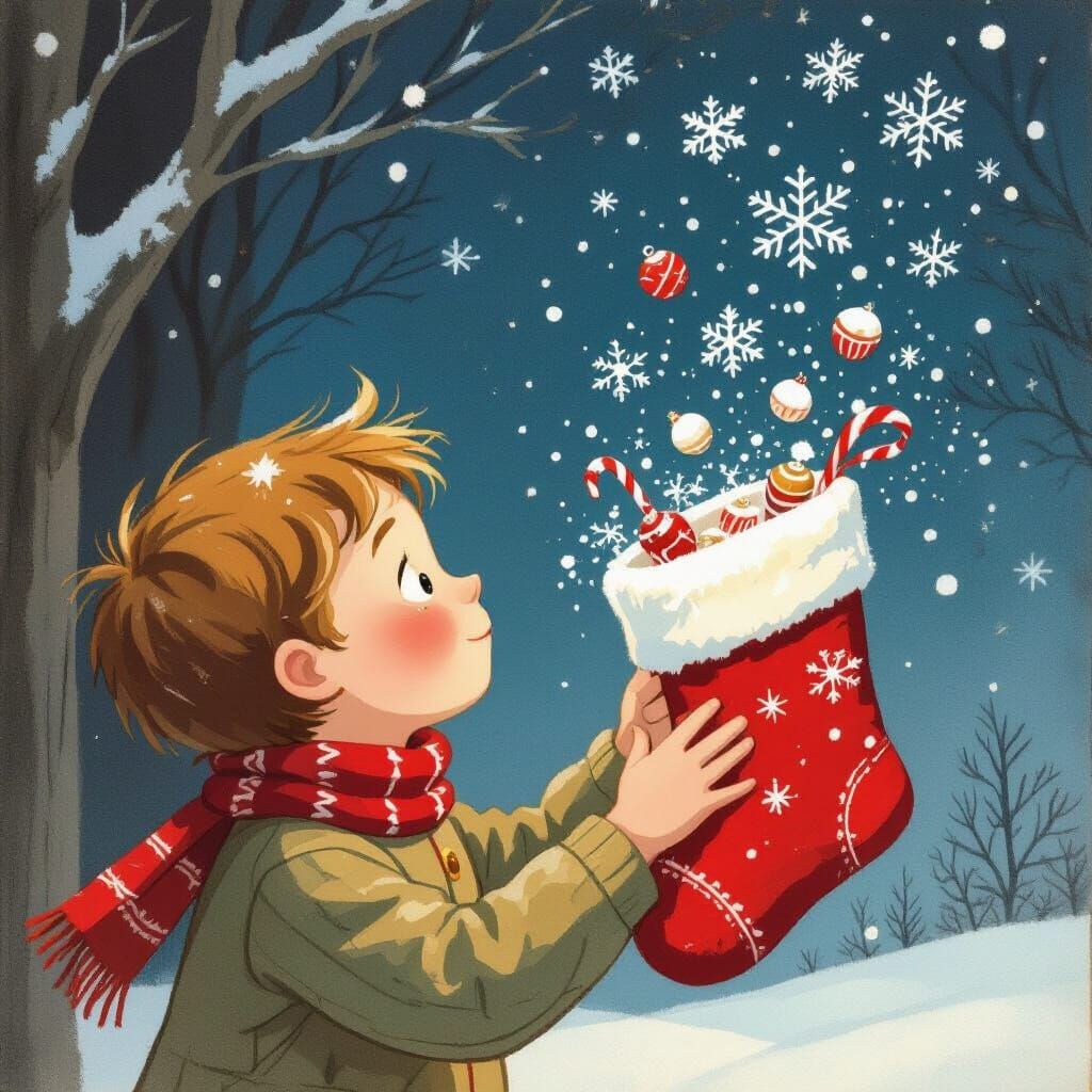 Storybook illustration, Chris Van Allsburg. A chid making a wish, holding a Christmas stocking. Snowflakes spill from th...
