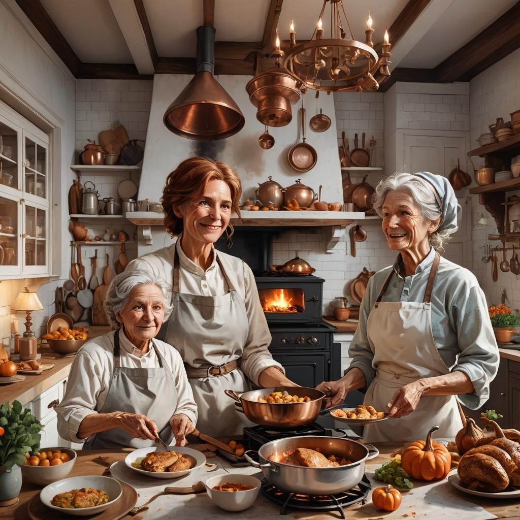 Thanksgiving in Cozy Farmhouse Kitchen, Hyperdetailed Portra...