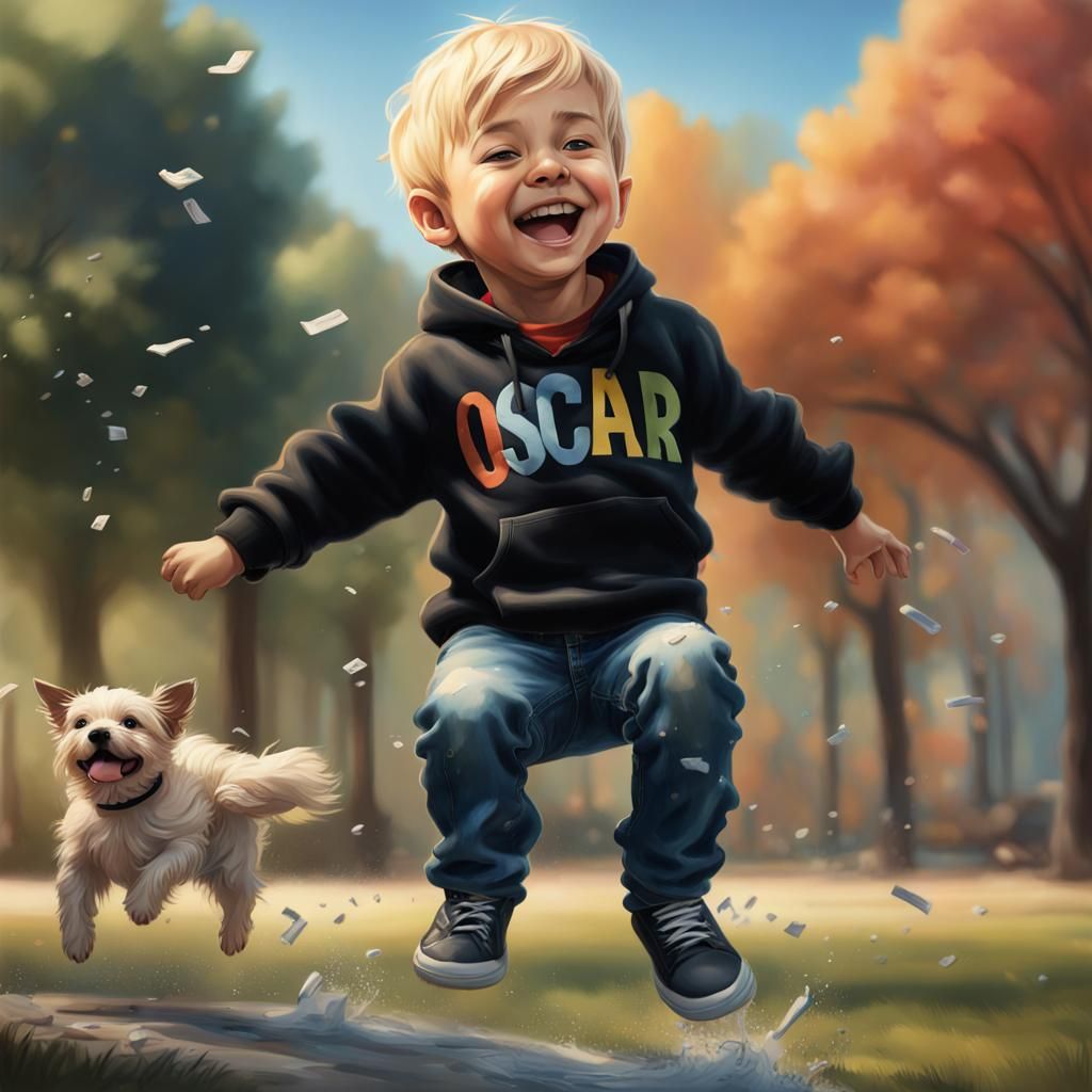 Boy Laughing with Dog in Park: Hyperrealistic Image
