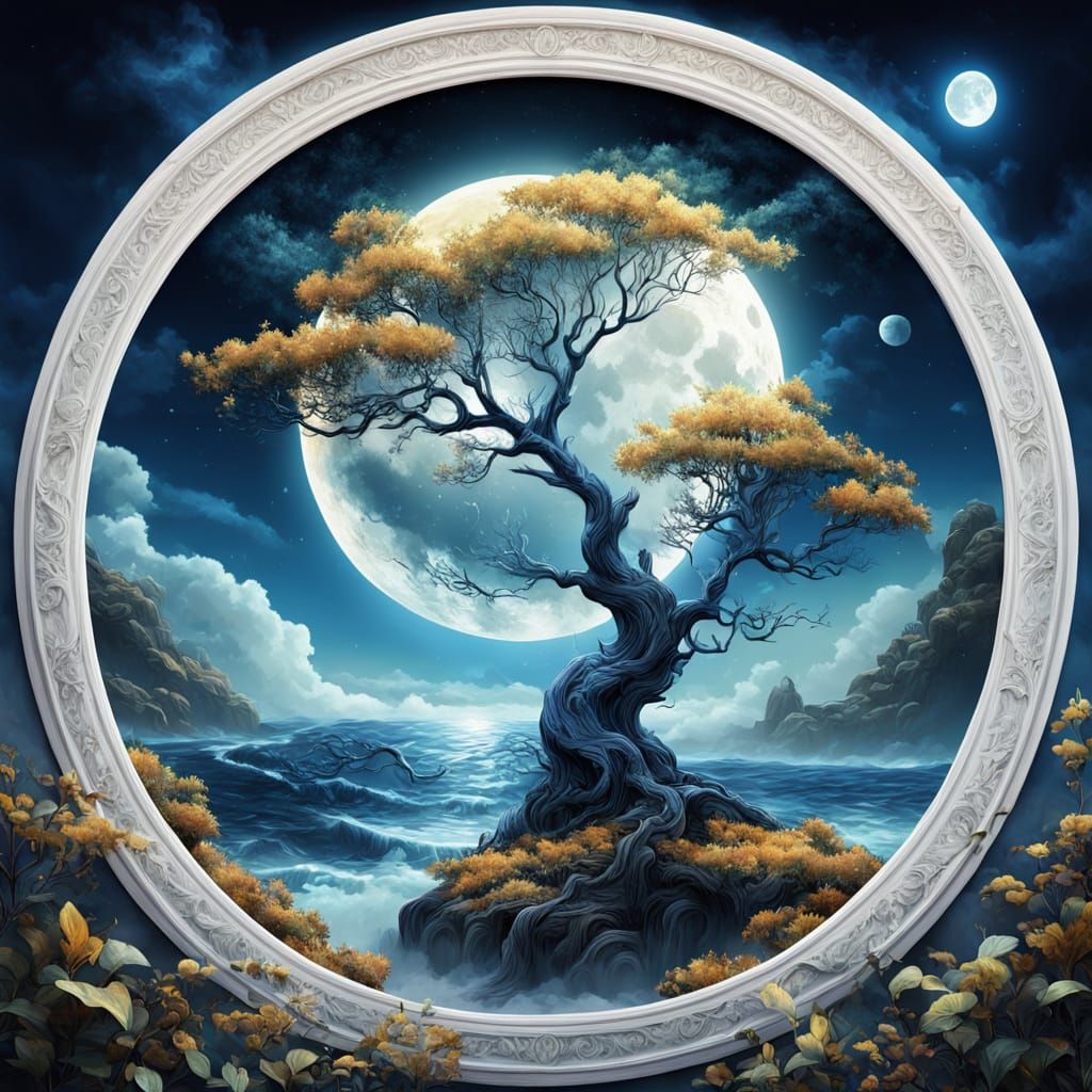 Surreal Portal in Ornate Frame with Arid and Ocean Worlds