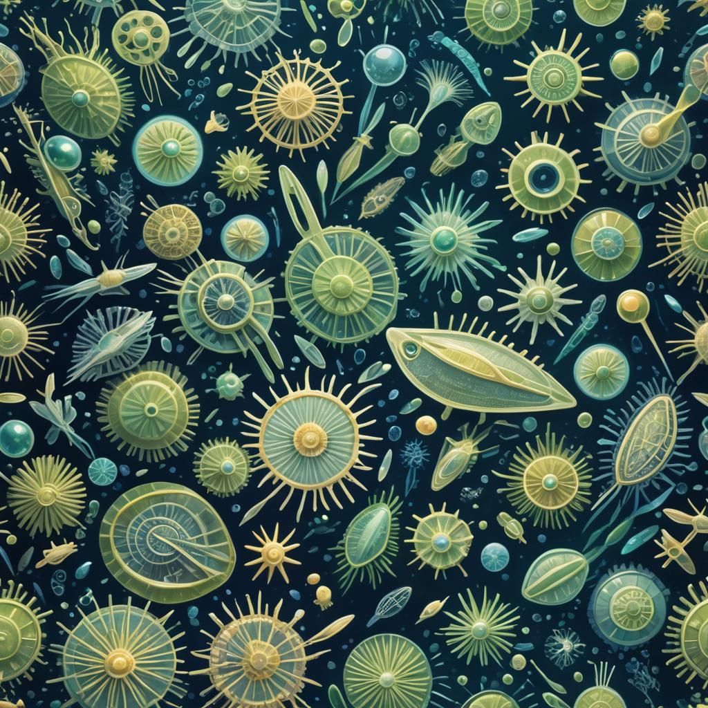 Glowing Diatoms in Dark Blue Water, Impressionist Style