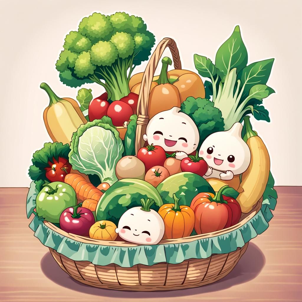 Chibi Style: Smiling Fruits and Vegetables in Basket