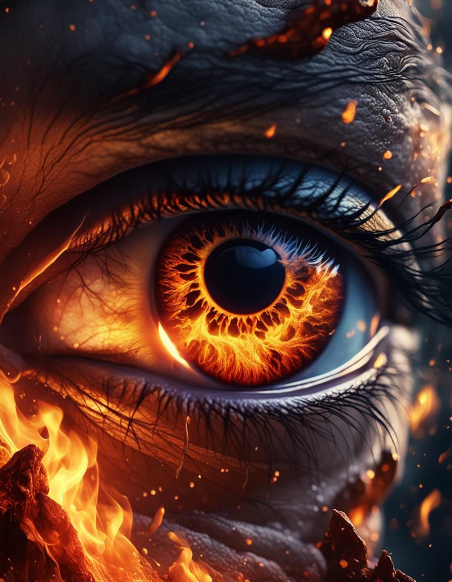 Eye Iris Reflecting Roaring Fire: Detailed Matte Painting