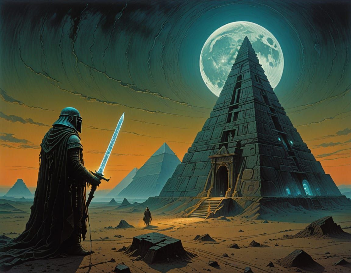 Ethereal Robot Warrior Stands Before Glass Pyramid in Futuri...