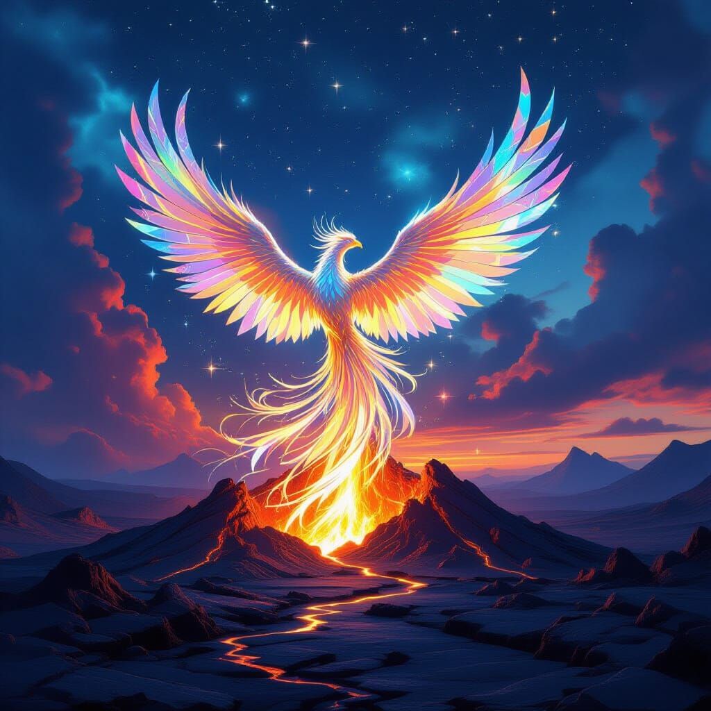 Glass Phoenix Erupts from Volcano Under Nebula Sky