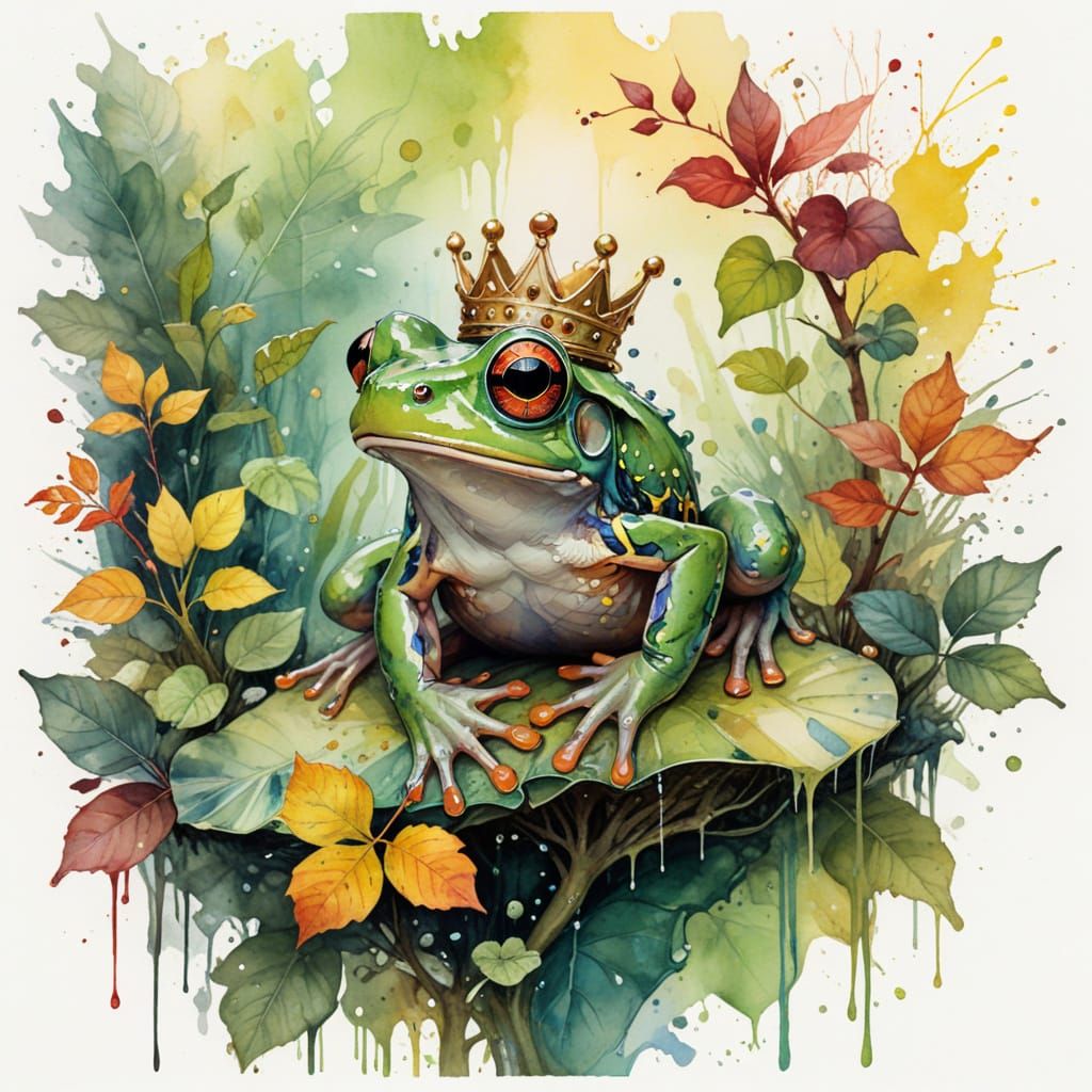 Surreal Rainforest Scene with Tree Frog and Vibrant Crown