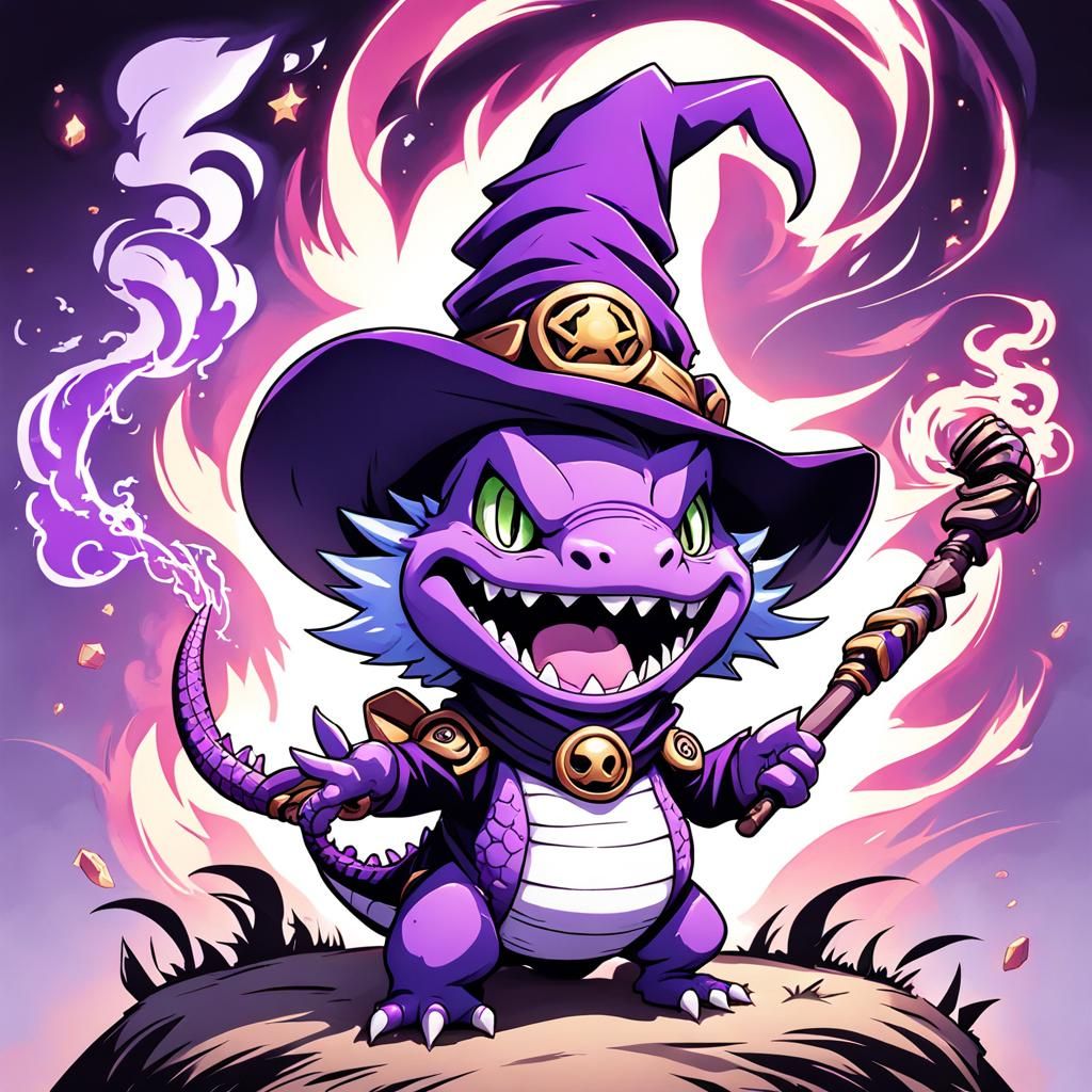 Laughing Chibi Lizardman Witch in Anime Style
