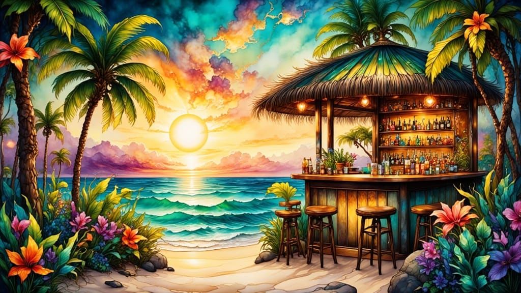 Charming Tiki Bar on Beach in Surreal Style