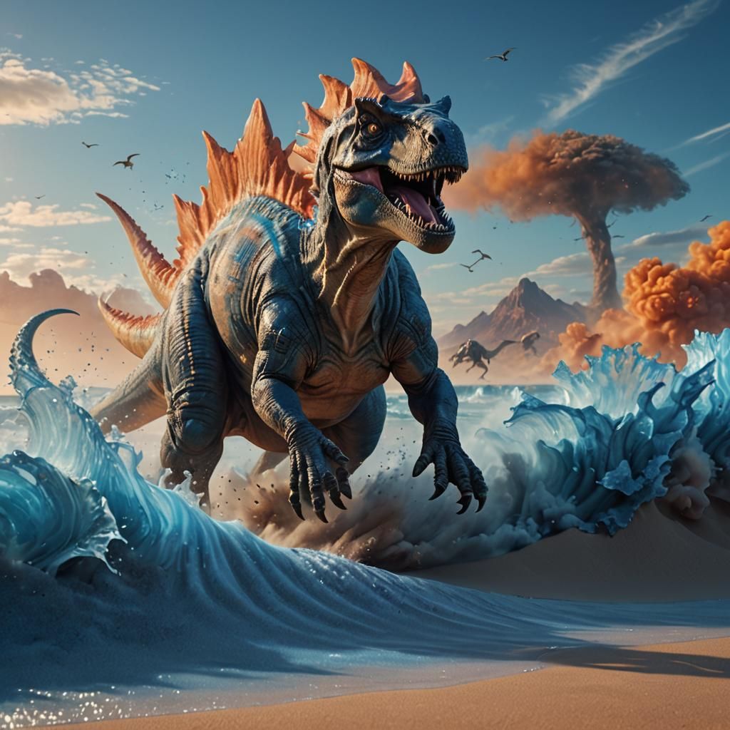 Dinosaur Running on Crystal Sand in Sci-Fi Scene