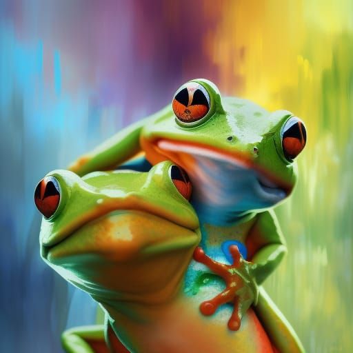 Rainbow Frogs Hugging in Dynamic Lighting