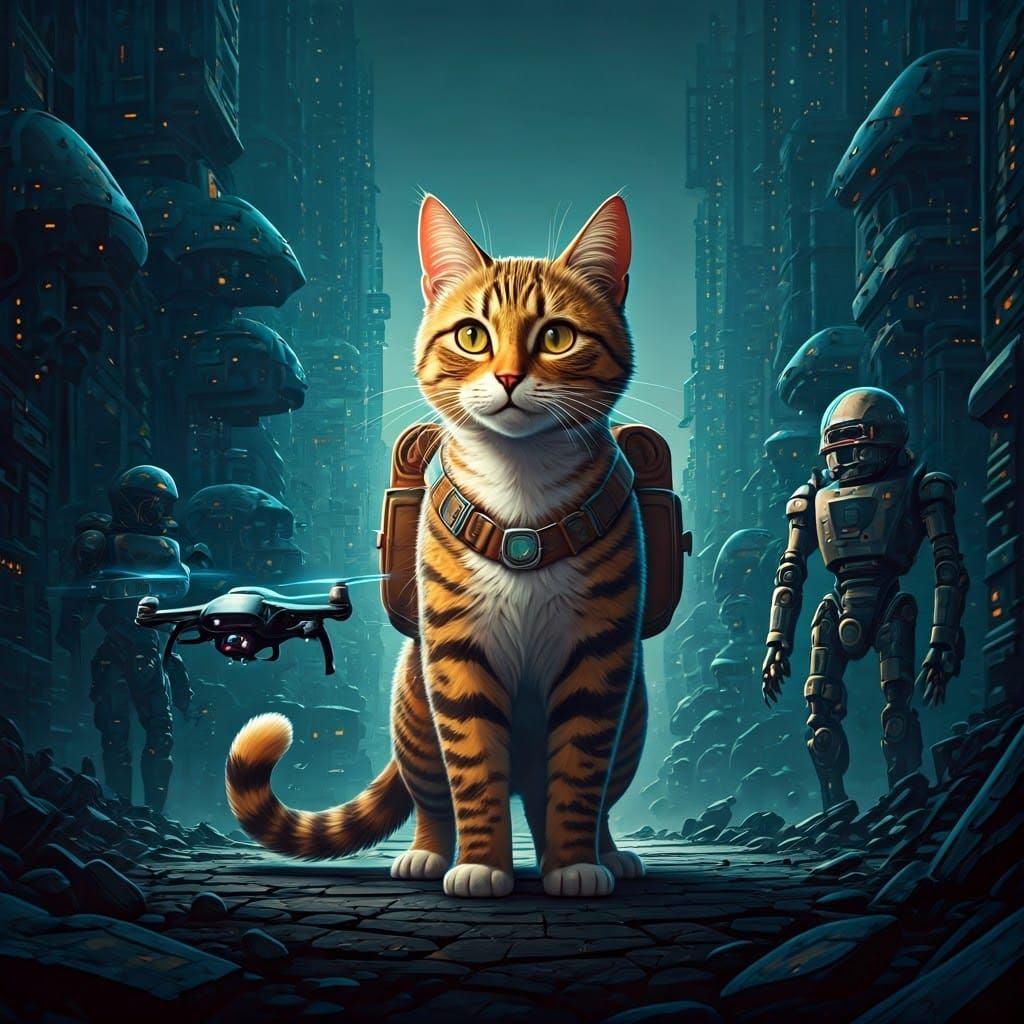 Comic art. A stray cat who gets lost in a world populated by...