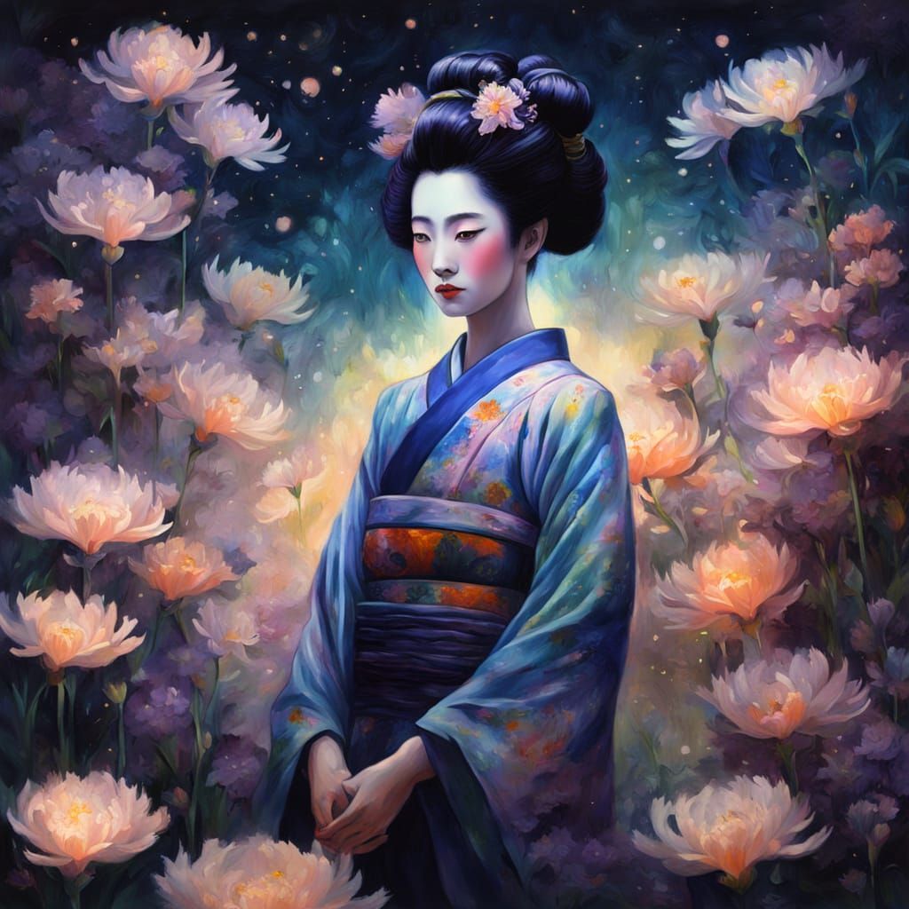 Geisha in Ethereal Garden, Vibrant Oil Painting
