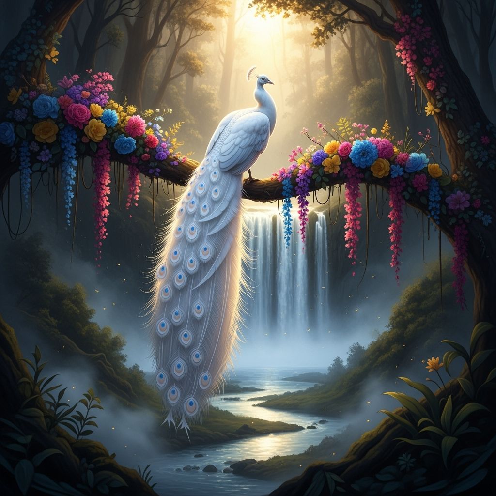 White Peacock on Floral Branch Overlooking Waterfall