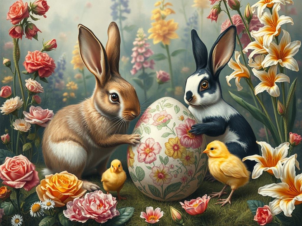 Rabbits and Chicks Painting Easter Eggs in Charcoal