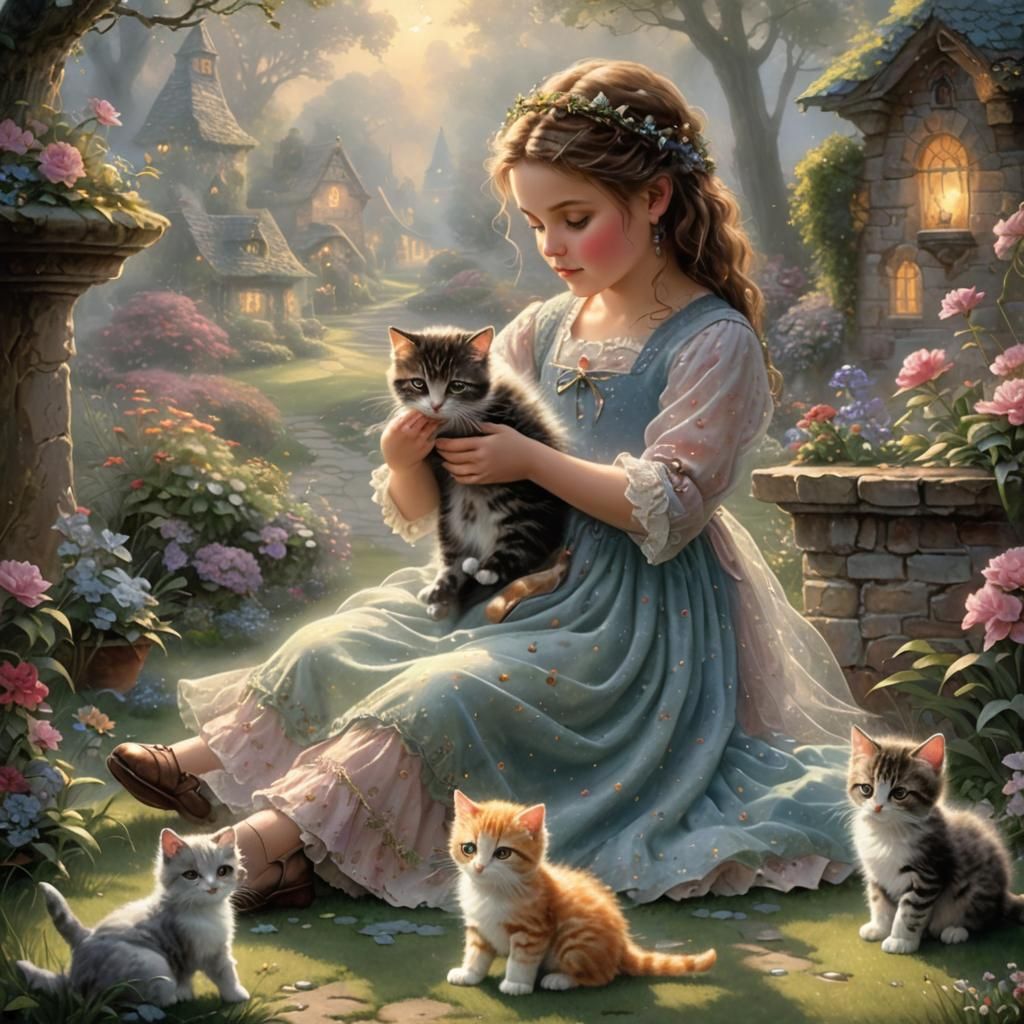 Baby Elf and Kitten in Ethereal Fantasy Style