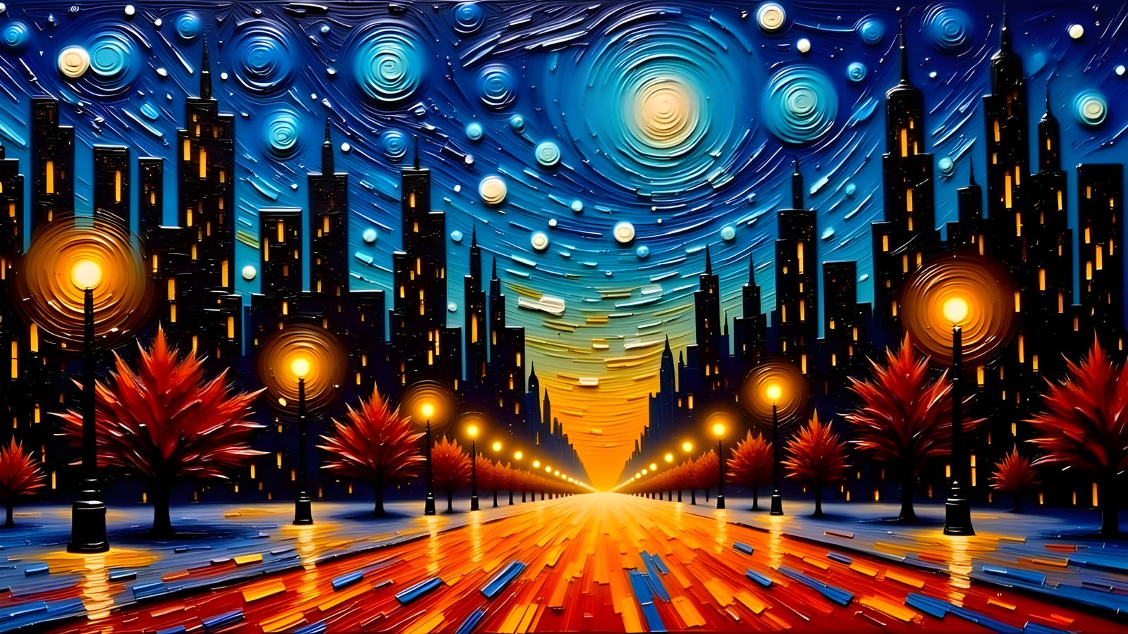 Chicago Cityscape at Night in Abstract Expressionist Style