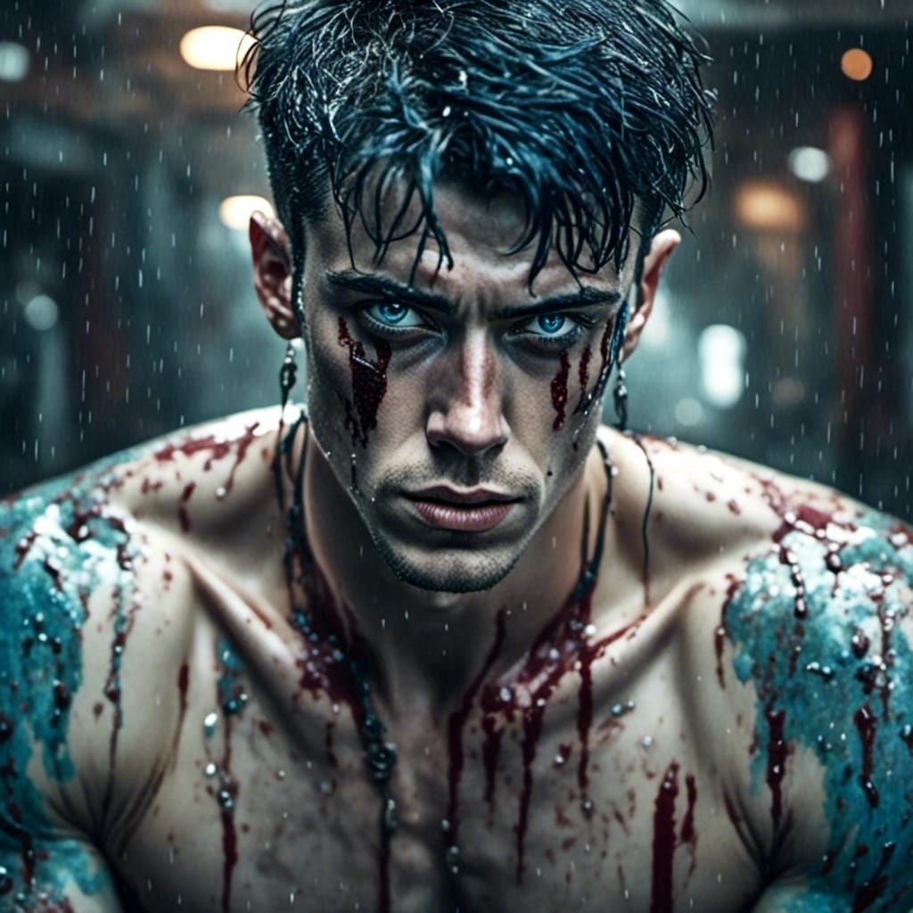 Bloodied Cyborg Stares Intensely, Hyperrealistic Close-Up