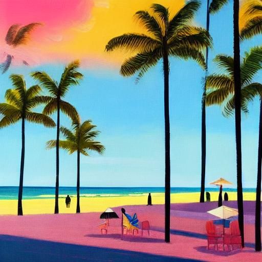 Miami Beach Oil Painting in Art Deco Style
