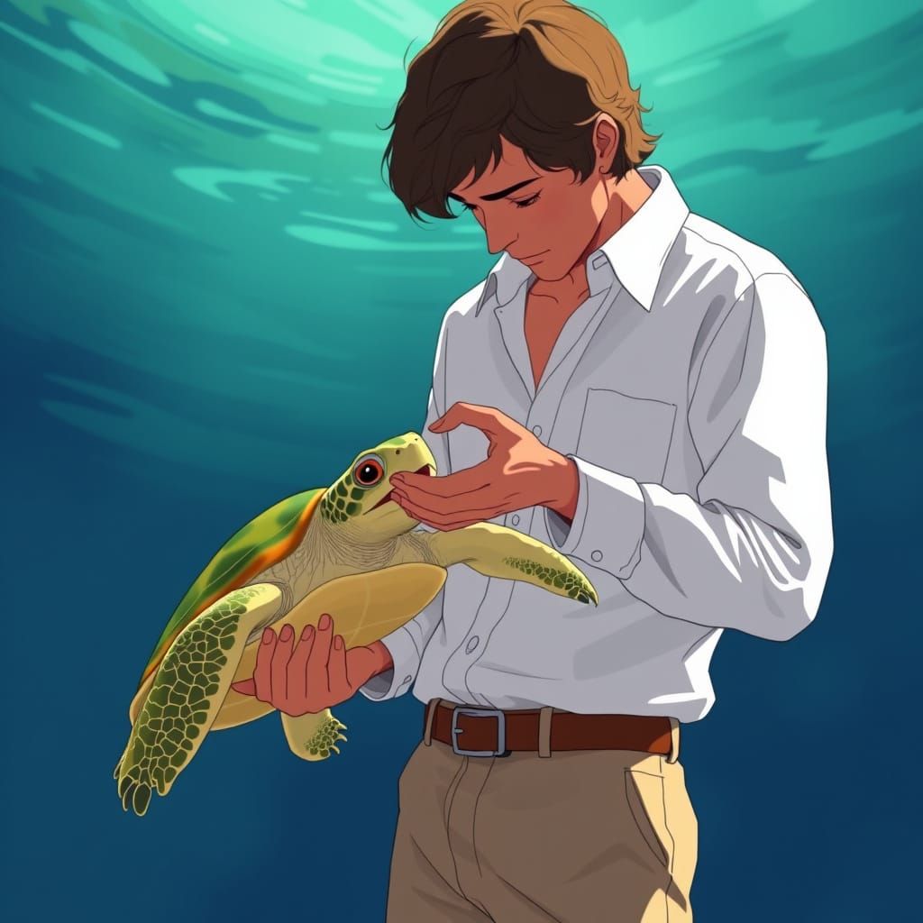 Man and Turtle Bond in Cinematic Style