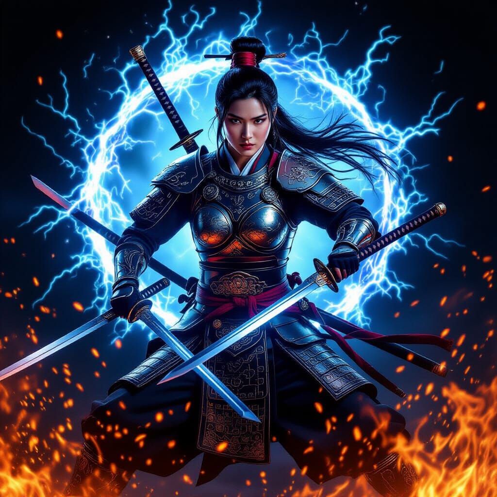 Muscular Chinese Warrior with Swords Amidst Fire and Lightni...