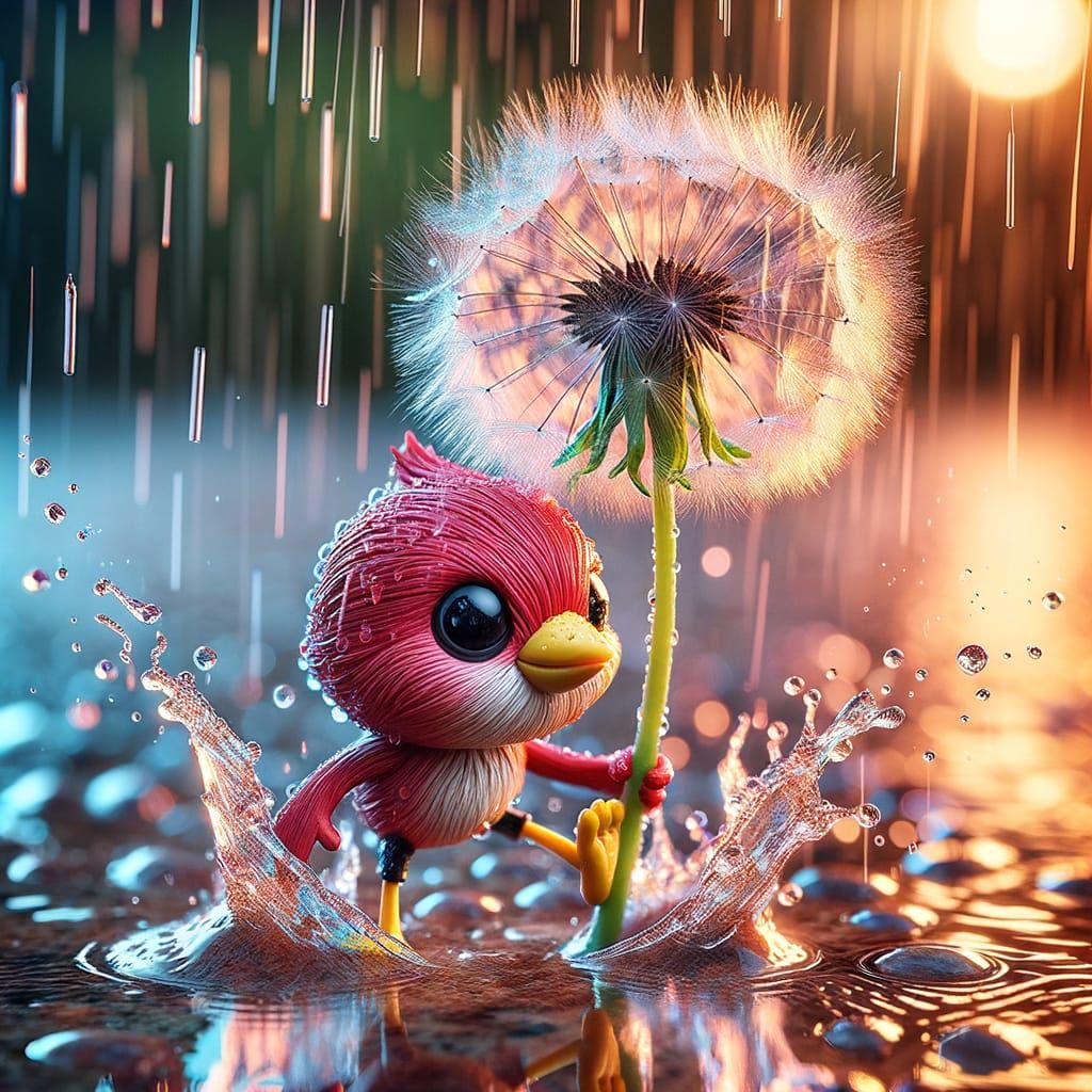 Miniature Hyperrealistic Bobblehead Redbird in Morning Rain