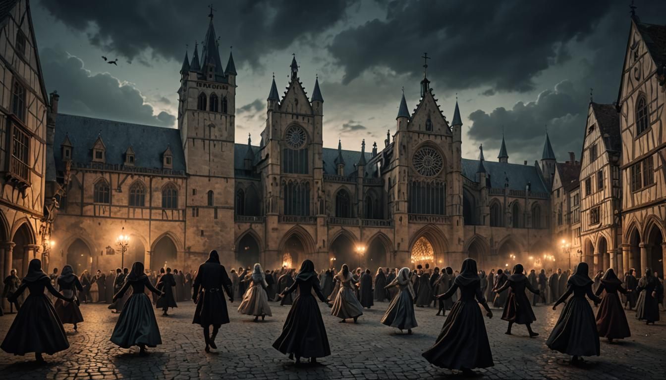 Eerie Medieval Town Square with Ghostly Dancers