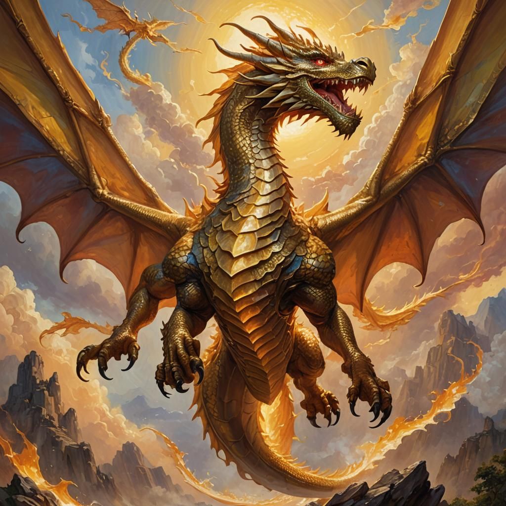 Golden Dragon Ascending: Oil Painting in Impressionist Style