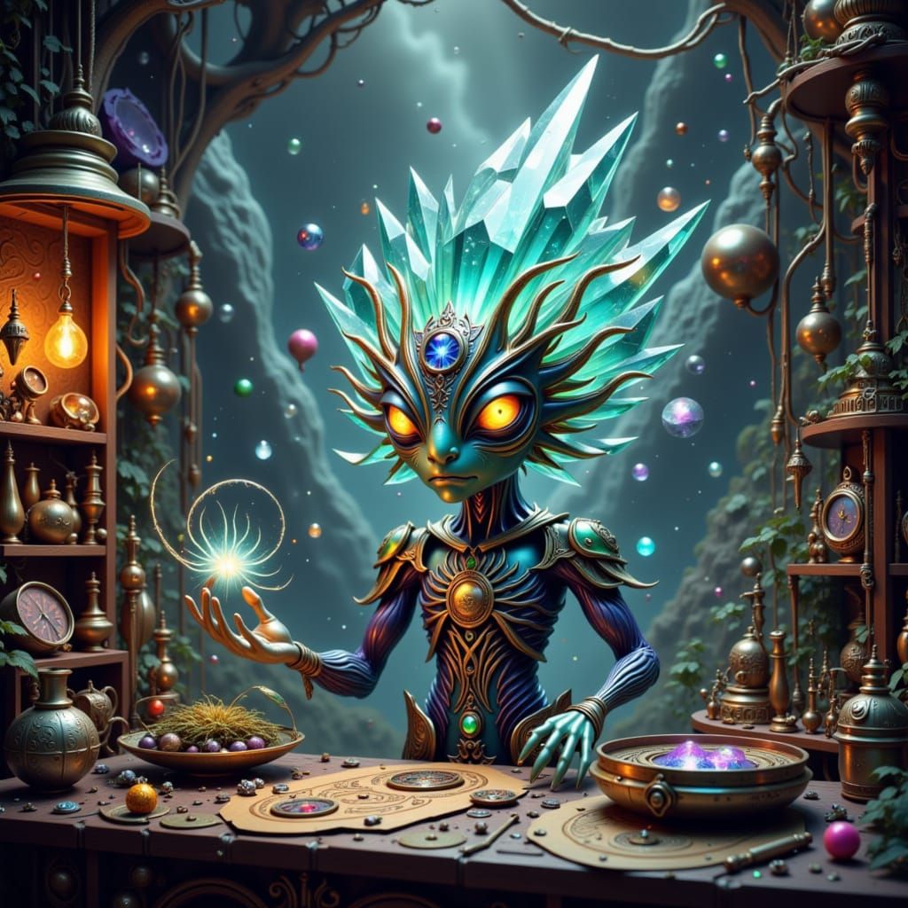 Alien Merchant Showcasing Clockwork Gadgets in Art Deco Styl...