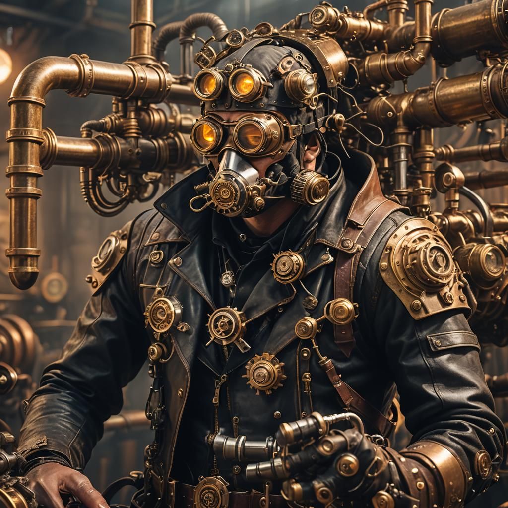 Steampunk Biker and Engine in Foggy Workshop