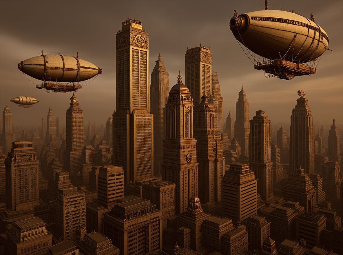 Steampunk Cityscape with Airships as Linework Illustration
