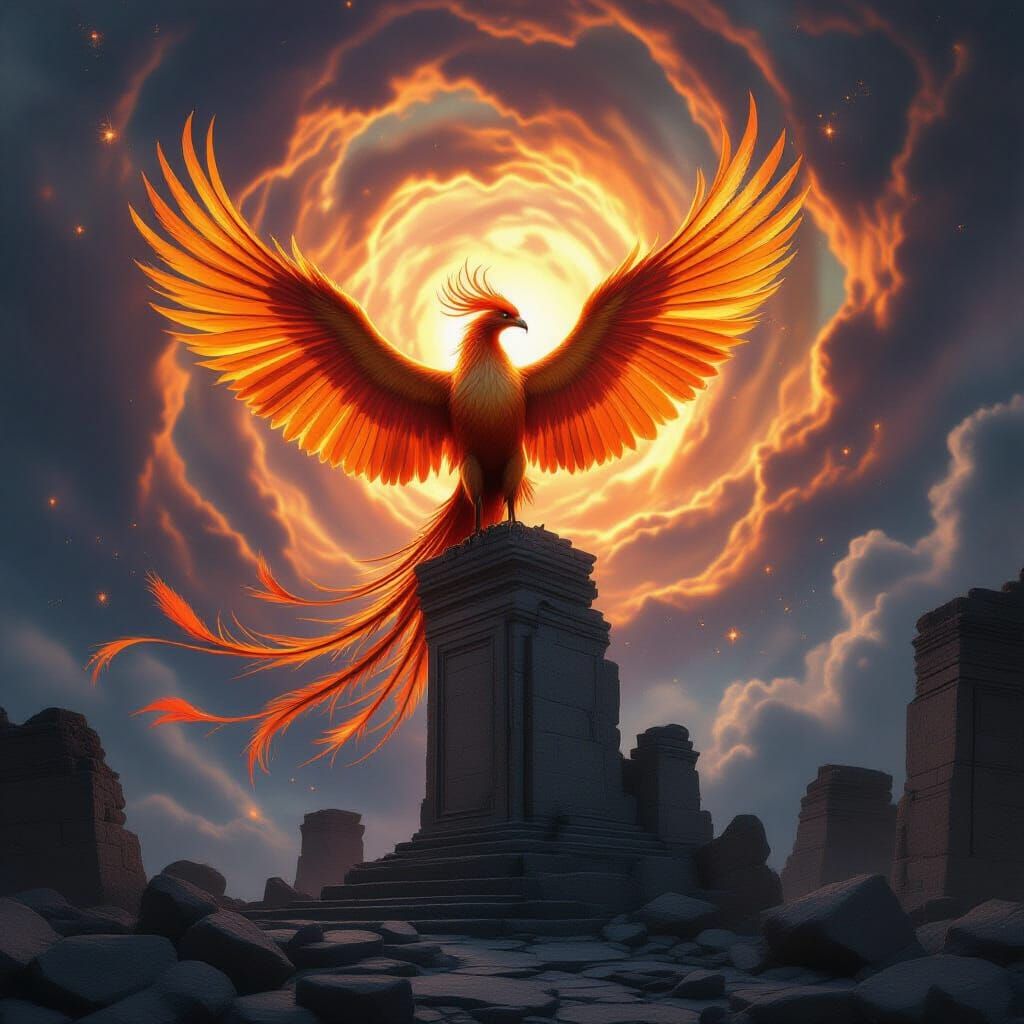 Majestic Phoenix on Ancient Ruins in Cosmic Vortex