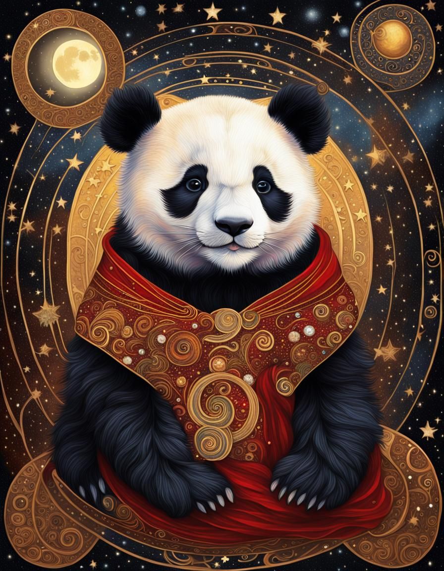 Gustav Klimt Inspired Portrait of a Baby Panda in a Starry N...