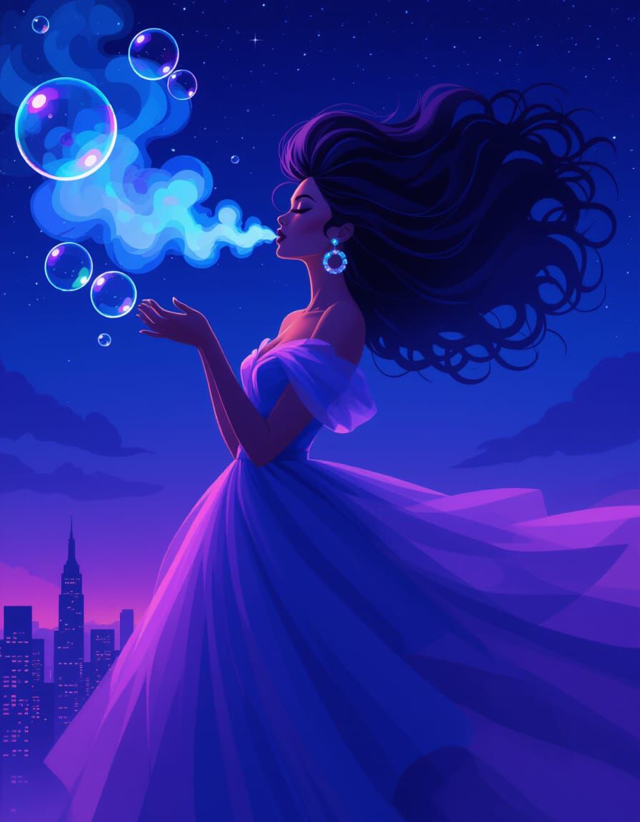 Dreamy Bubble Blower in Starry Cityscape