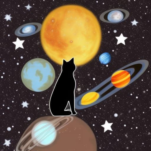 Black Cat in Space with Galaxies and Stars