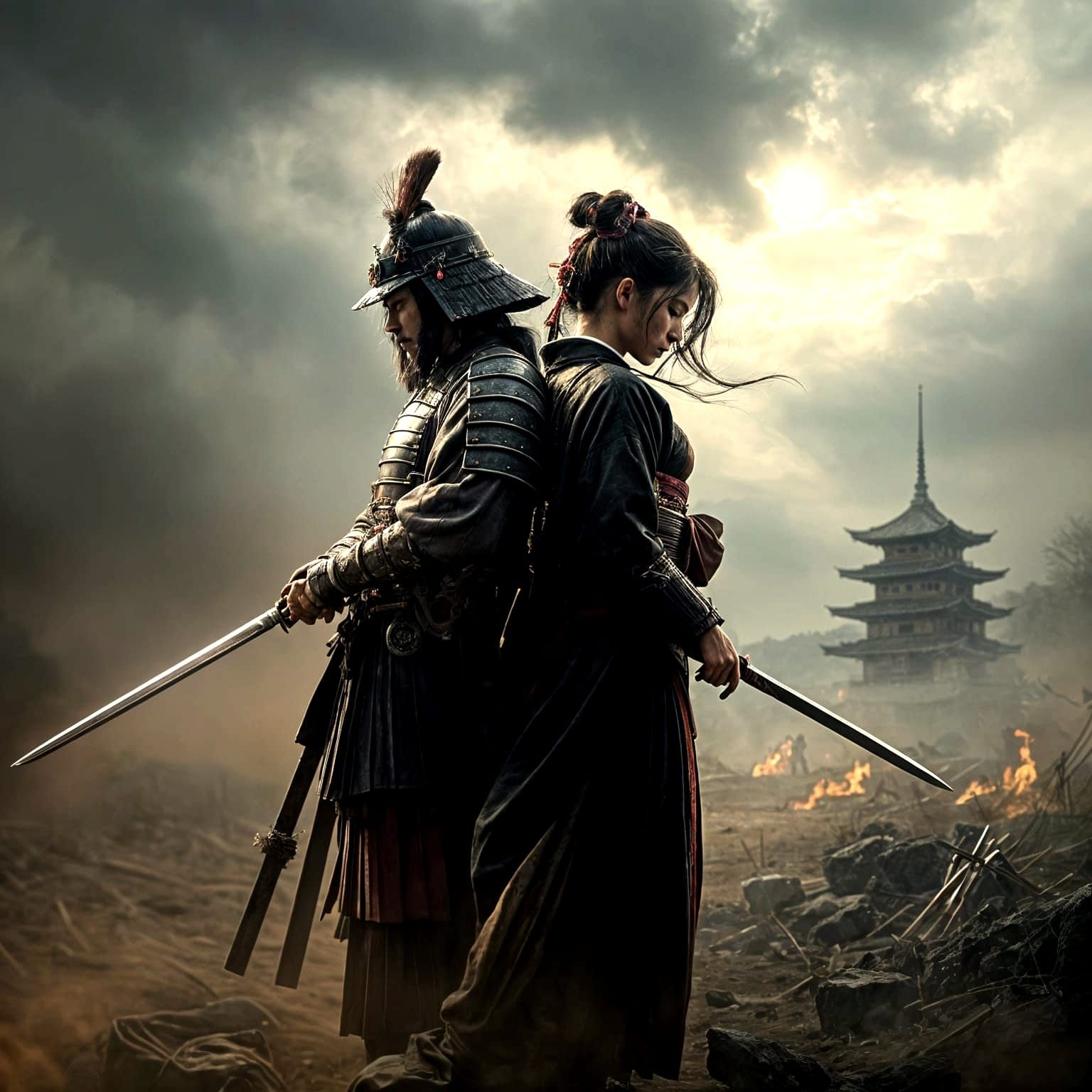 Samurai and Geisha Stand United on Smoky Battlefield