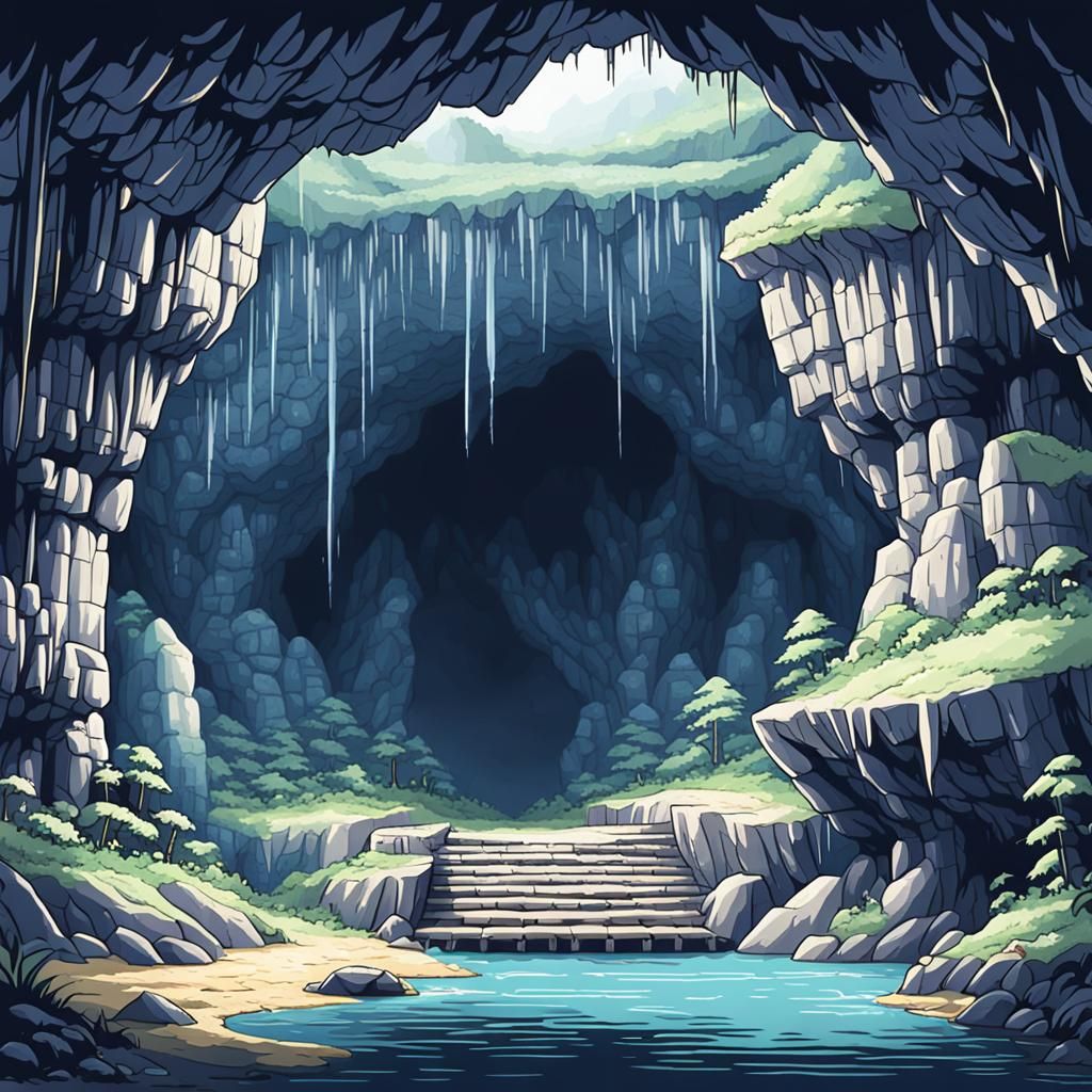 Pixel Art Cave Entrance in Anime Style